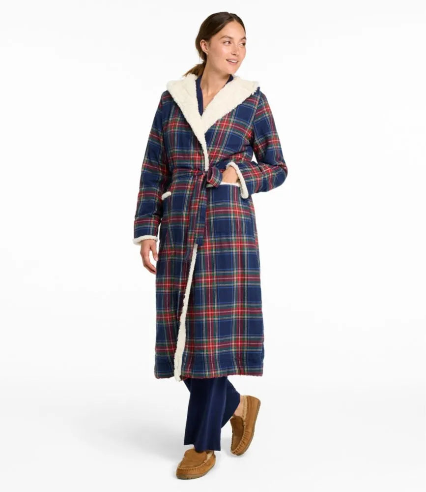 Women's Scotch Plaid Flannel Robe, Sherpa-Lined Long