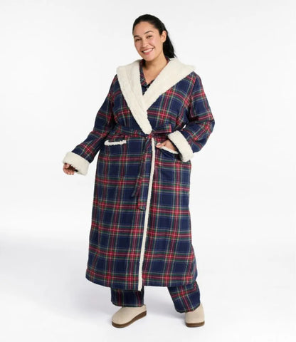 Women's Scotch Plaid Flannel Robe, Sherpa-Lined Long