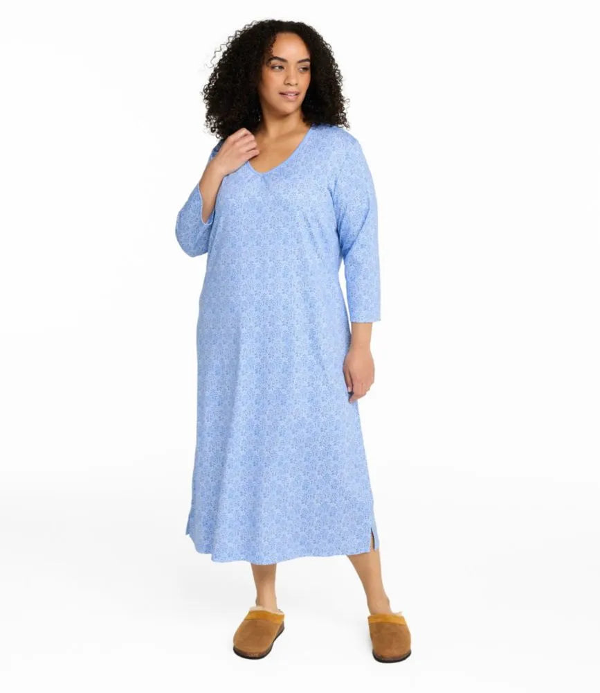 Women's Supima® Nightgown, V-Neck Three-Quarter-Sleeve Print