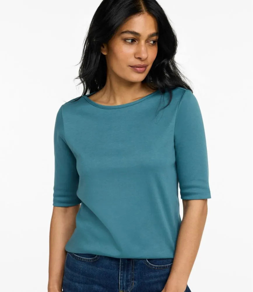 Women's Pima Cotton Tee, Elbow-Sleeve Boatneck