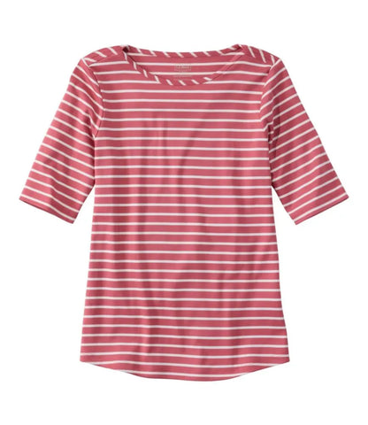 Women's Pima Cotton Tee, Elbow-Sleeve Boatneck Stripe