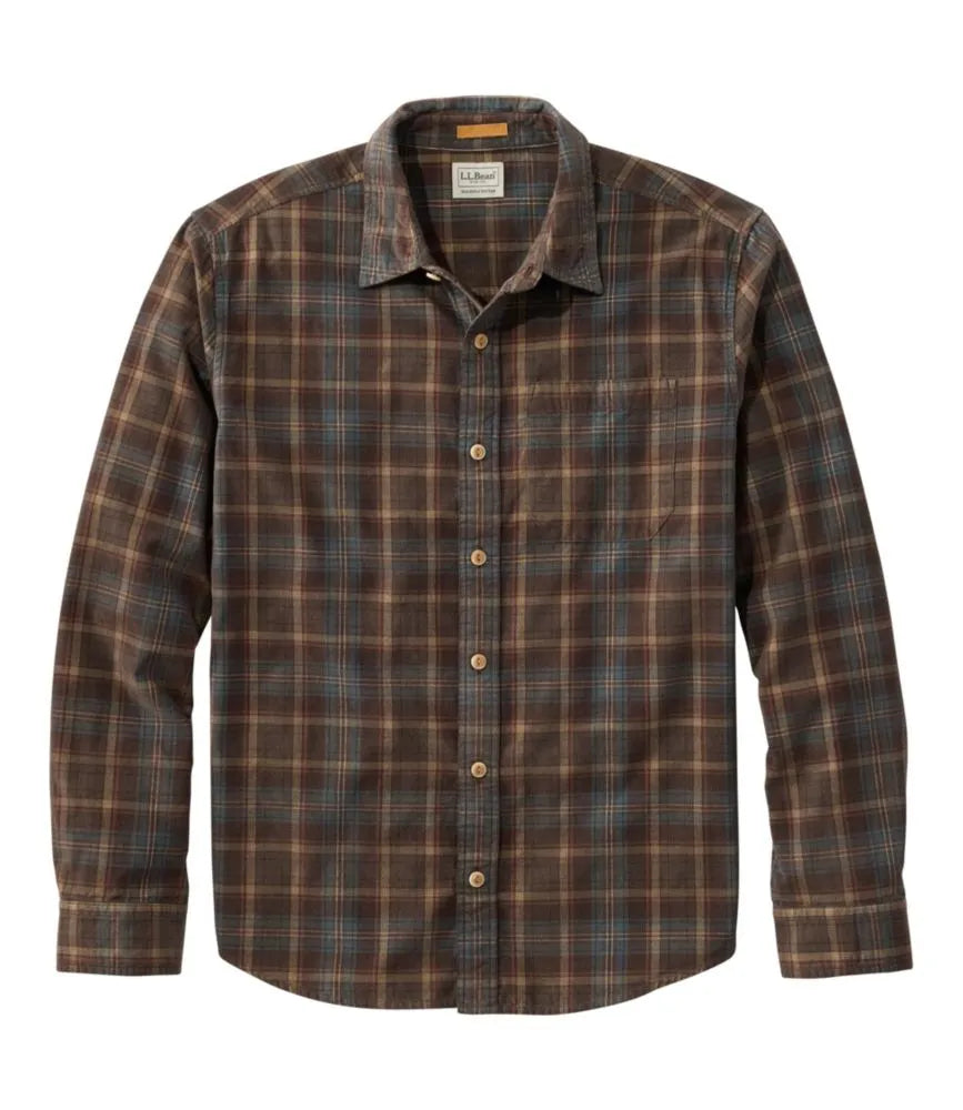 Men's Sunwashed Corduroy Shirt, Slightly Fitted Untucked Fit, Plaid
