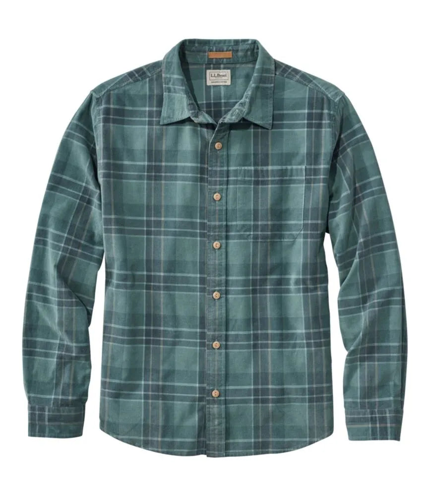 Men's Sunwashed Corduroy Shirt, Slightly Fitted Untucked Fit, Plaid