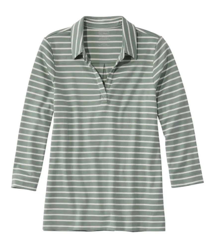 Women's Pima Cotton Tee, Three-Quarter-Sleeve Polo Stripe