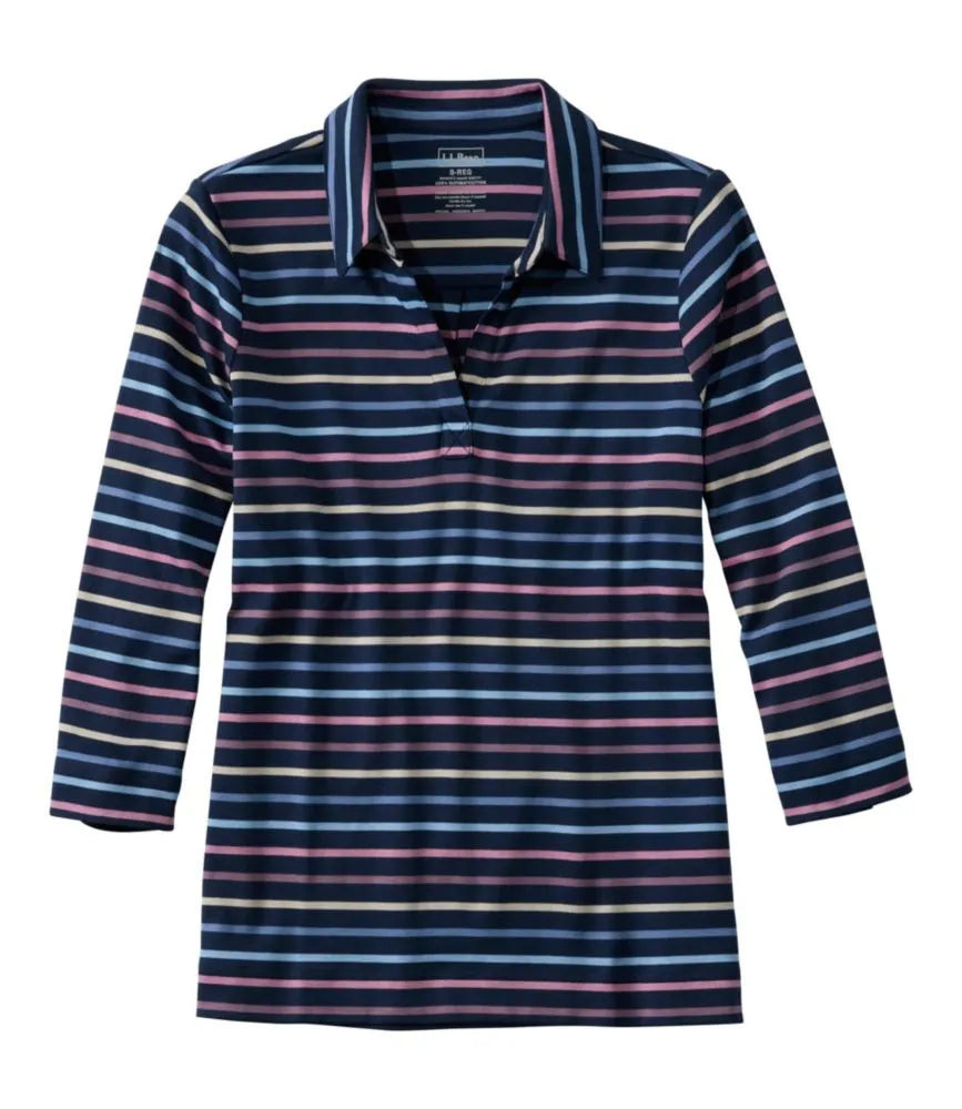 Women's Pima Cotton Tee, Three-Quarter-Sleeve Polo Stripe