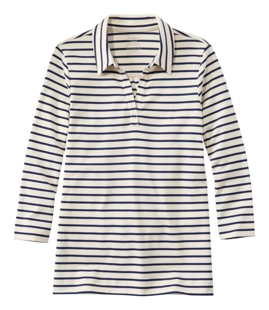 Women's Pima Cotton Tee, Three-Quarter-Sleeve Polo Stripe