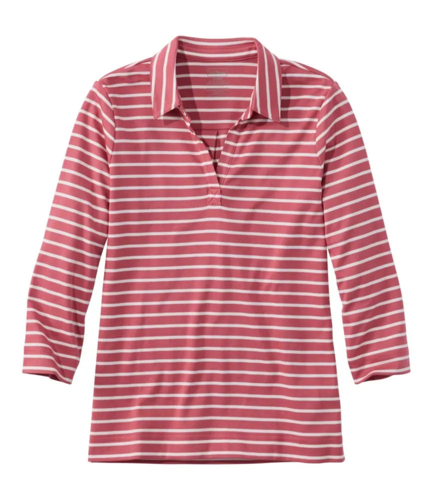 Women's Pima Cotton Tee, Three-Quarter-Sleeve Polo Stripe