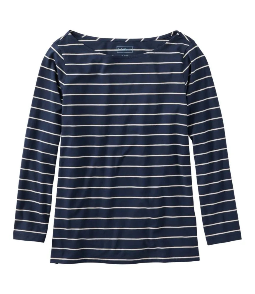 Women's Soft Stretch Supima-Blend Tee, Boatneck Bracelet-Sleeve Stripe