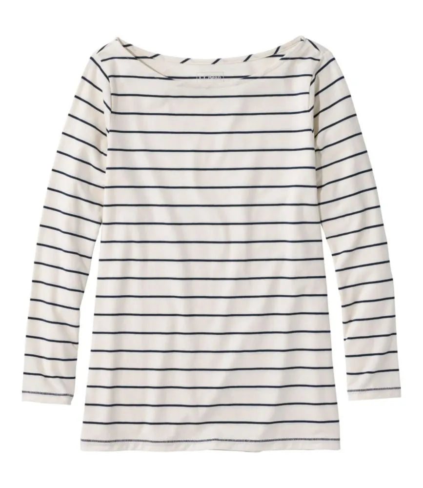 Women's Soft Stretch Supima-Blend Tee, Boatneck Bracelet-Sleeve Stripe
